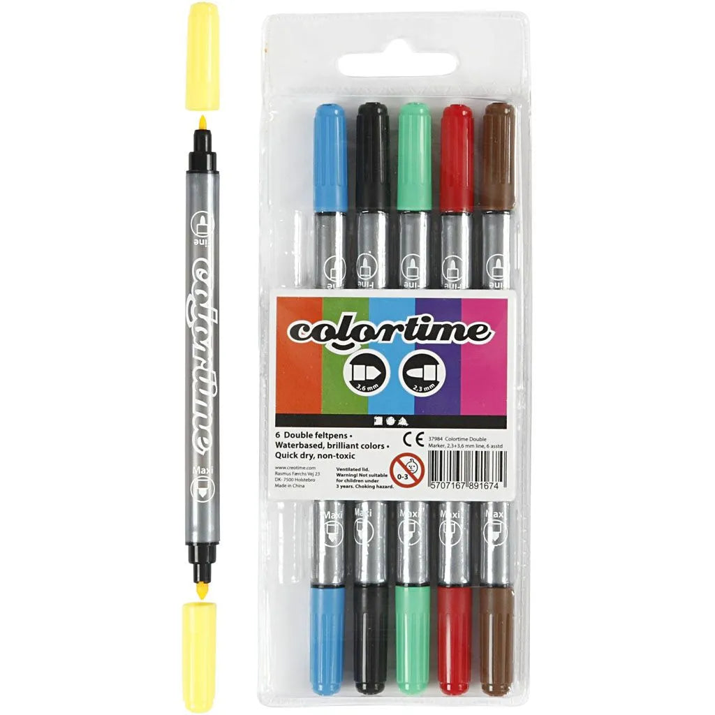 Colortime Dobbelt Tusch, stregtykkelse: 2,3+3,6 mm, 6 stk., ass. farver
