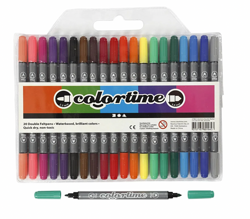 Colortime Dobbelt Tusch, stregtykkelse: 2,3+3,6 mm, 20 stk., ass. farver